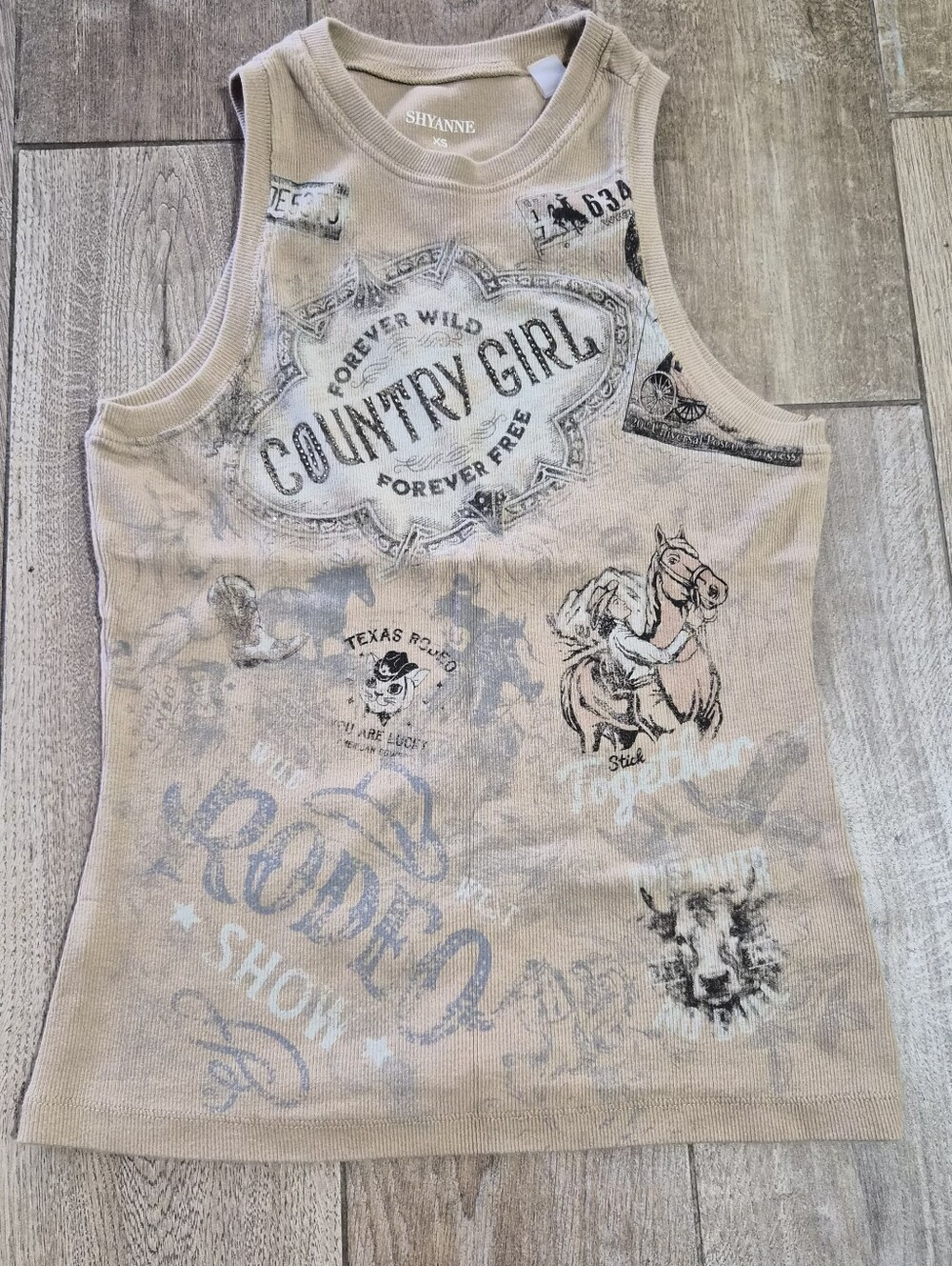 Shyanne Womens Rhinestone Icon Rib Knit Graphic Khaki Tank Top Size XS - Picture 2 of 6